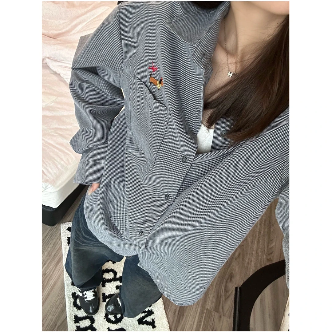 新款休闲日系翻领复古高级感衬衣男女同款宽松条纹腊肠狗刺绣衬衫