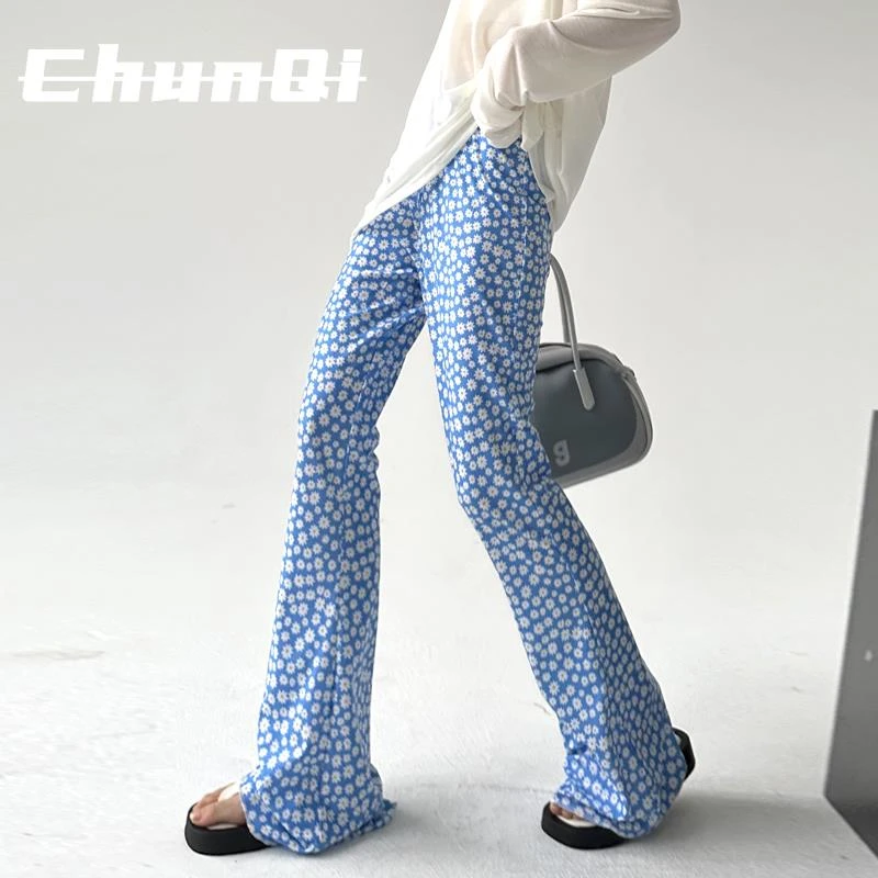 淳启夏季新款微喇叭休闲裤设计感小众泫雅风小雏菊春季碎花裤子女