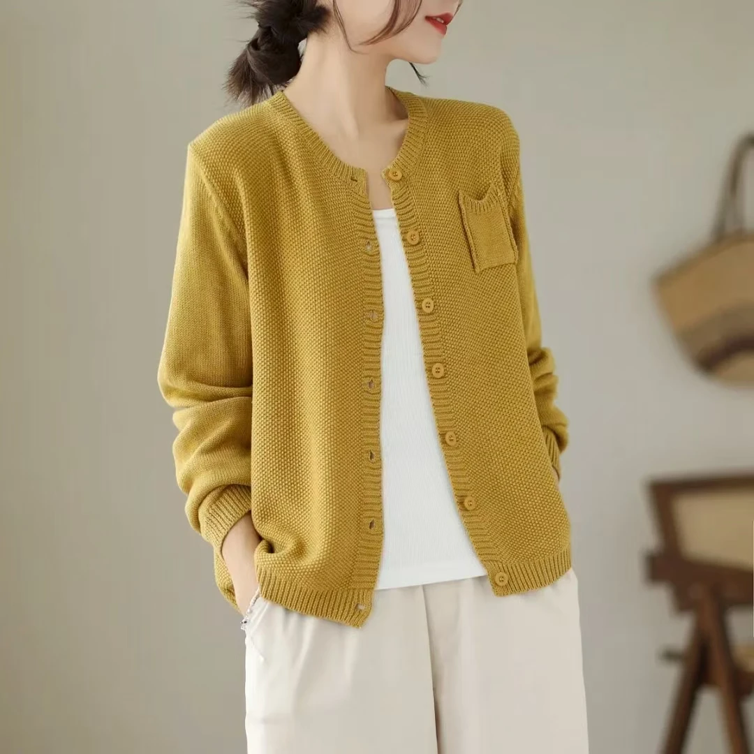 2025春秋新款宽松纯色圆领短款休闲百搭显瘦单排扣长袖针织开衫