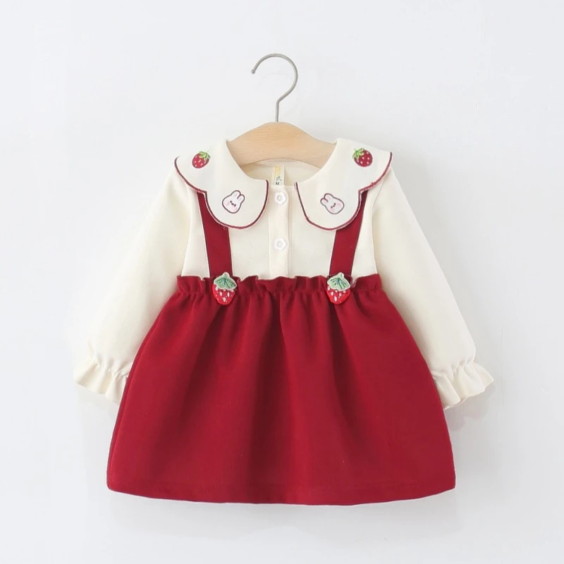 童装女童连衣裙春秋季婴儿童女宝宝长袖草莓小兔子假两件公主裙子