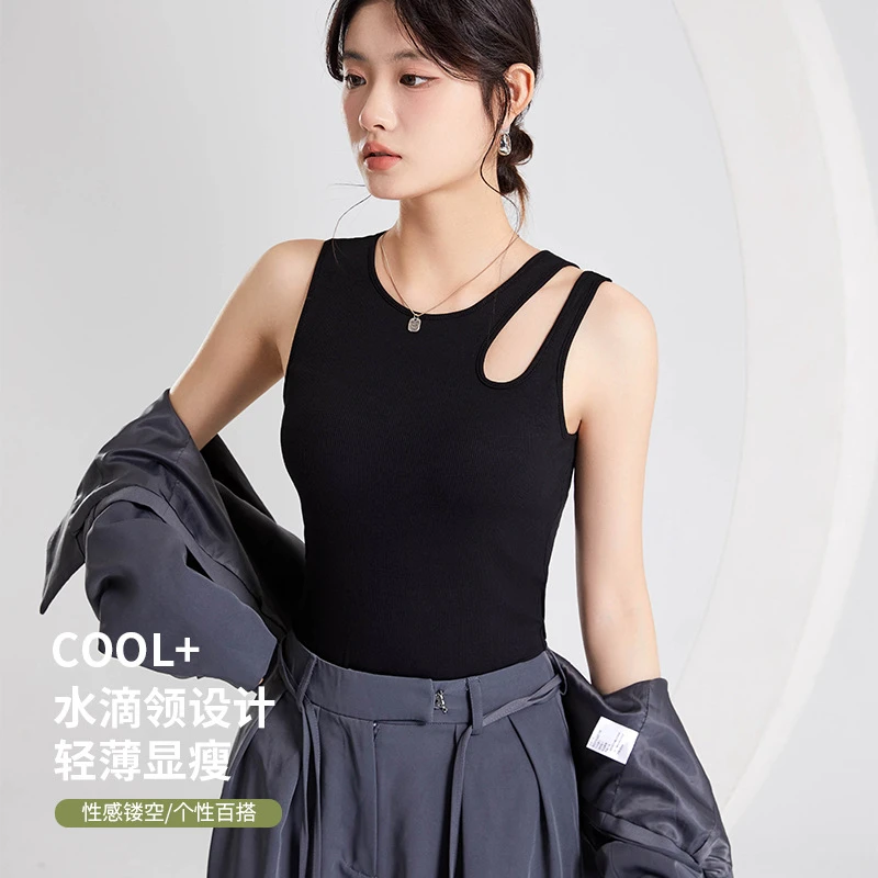 带胸垫背心水滴肩镂空异形吊带含文胸罩杯一体修身内衣性感打底衫