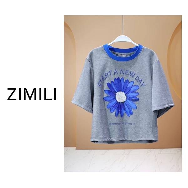 【亮哥女装】2025欧版《向阳》灰色太阳花绣线时尚休闲T恤8062-C6