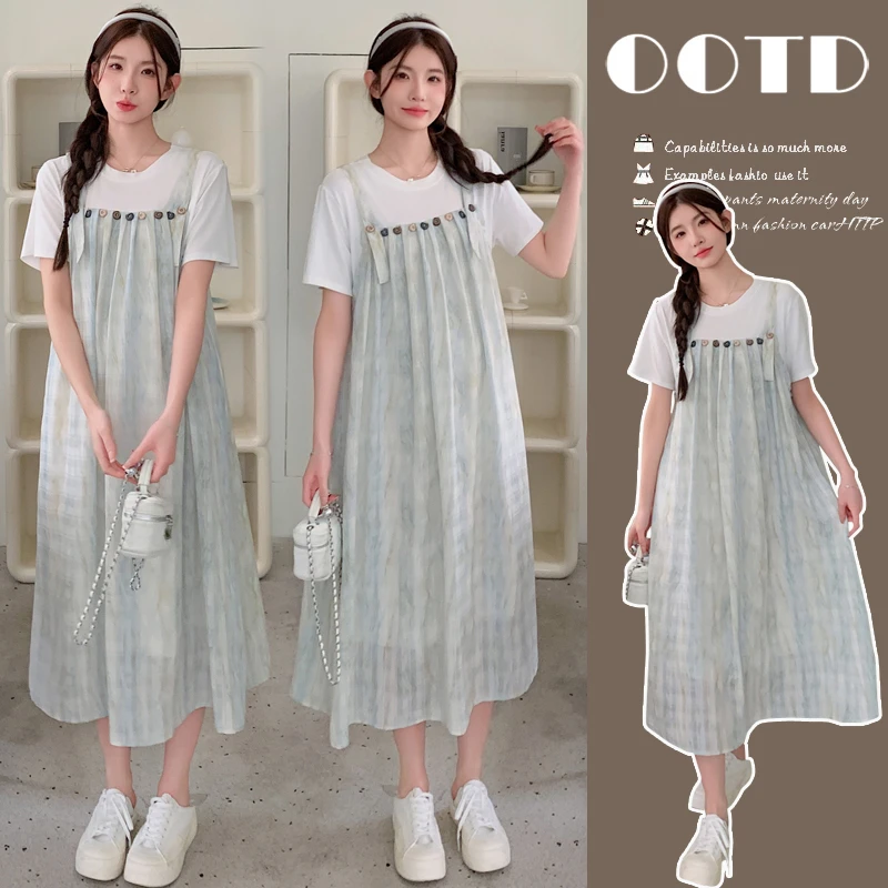 2025夏季新品孕妇装韩版时尚薄荷曼波绿气质宽松假两件孕妈连衣裙