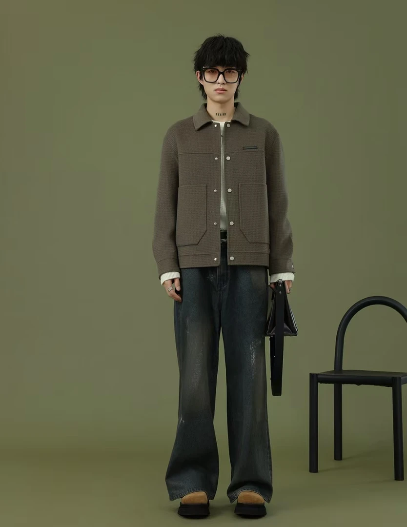 短款毛呢立领设计师冬季西装领按扣翻男生领毛呢大衣百搭-8068J