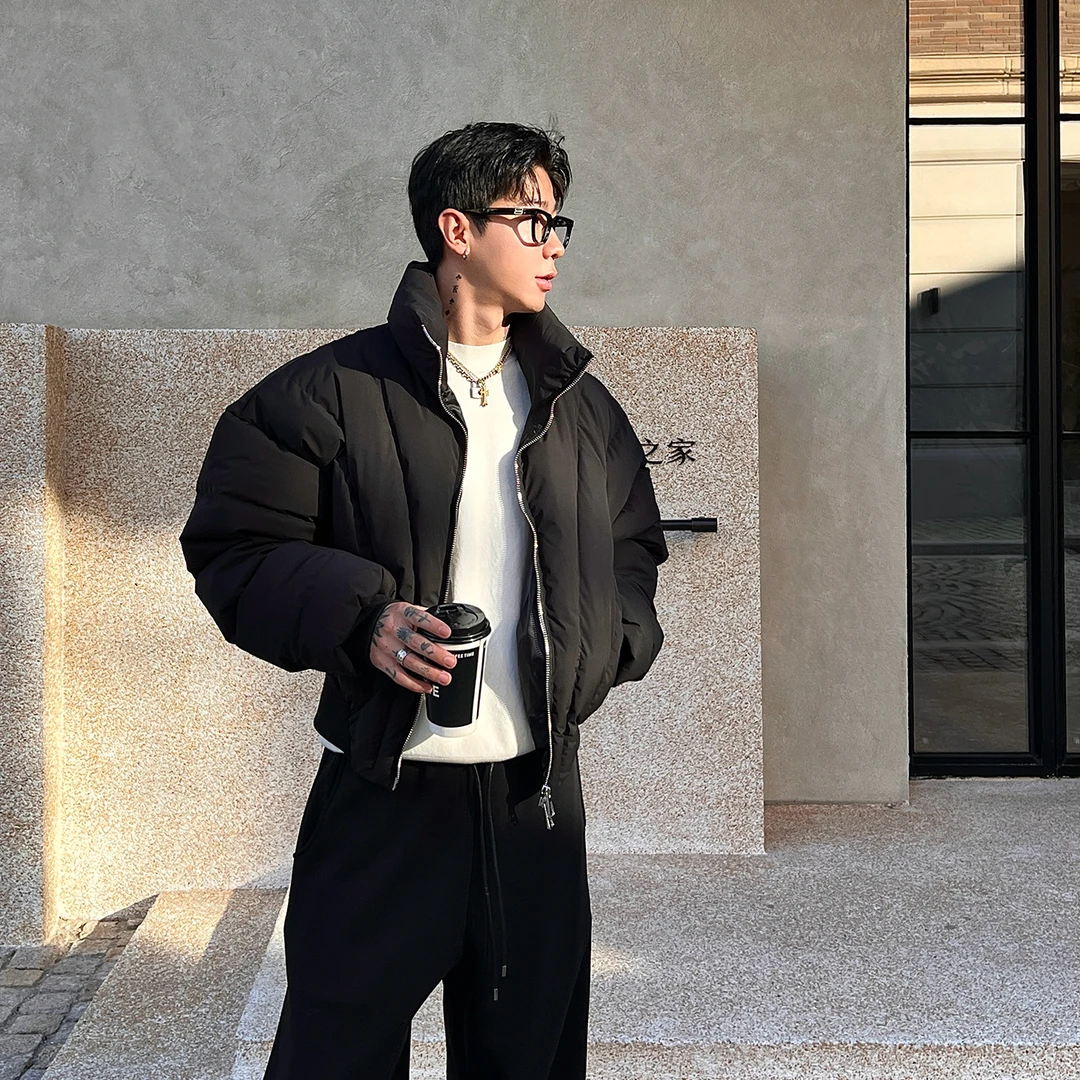 OXFREAK「盔甲线型绗缝」黑色立领棉服男冬季加厚保暖飞行员外套