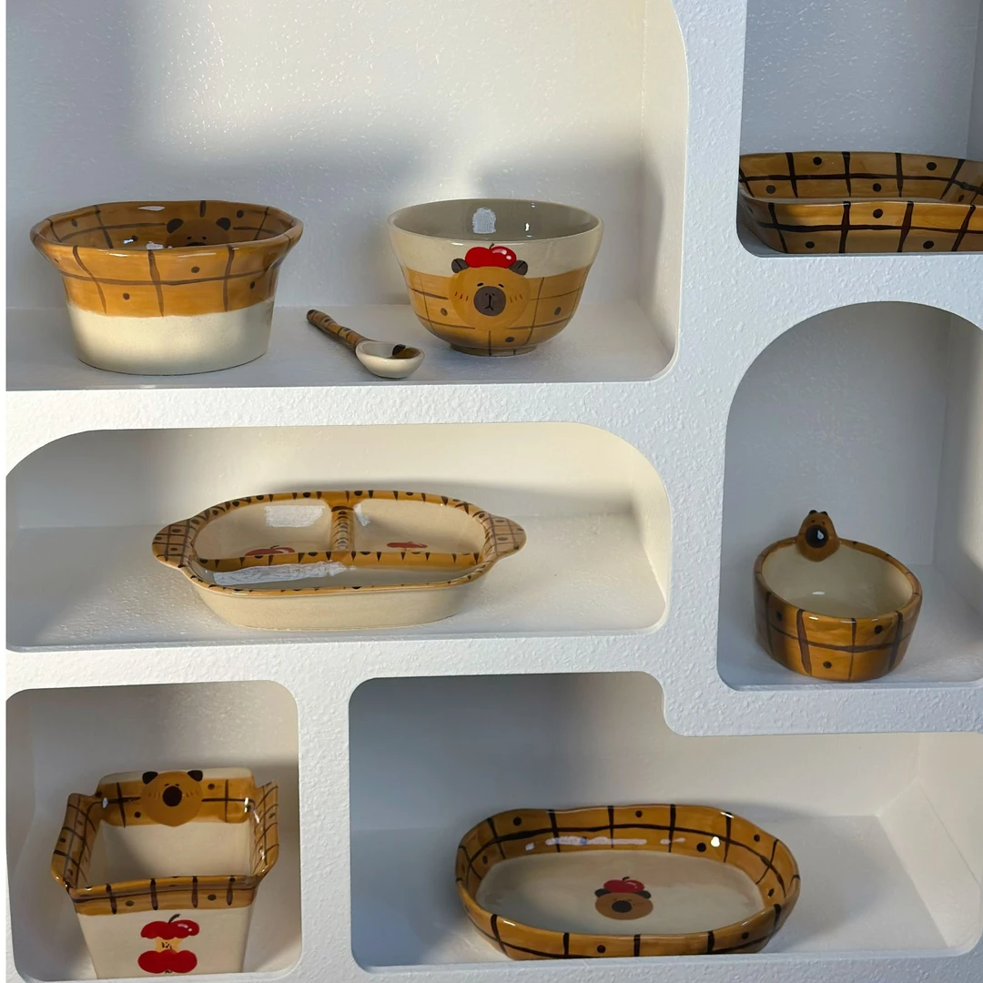 卡皮巴拉可爱手绘餐具原创设计高温陶瓷釉下彩家用礼品设计感独家