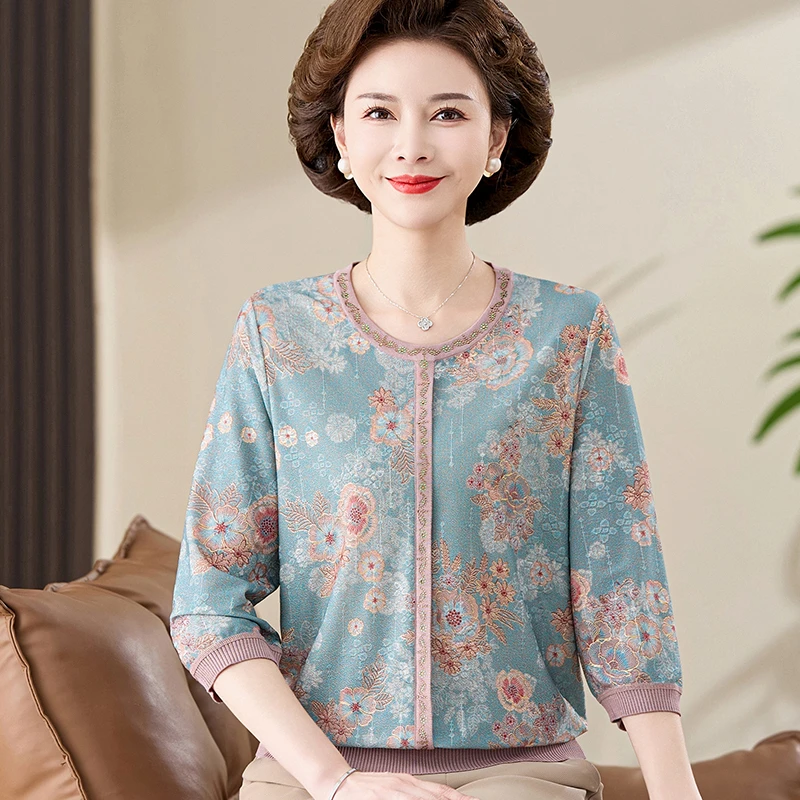 中老年女夏季冰丝短袖t恤春装新款 中年妈妈装上衣中老年女打底衫