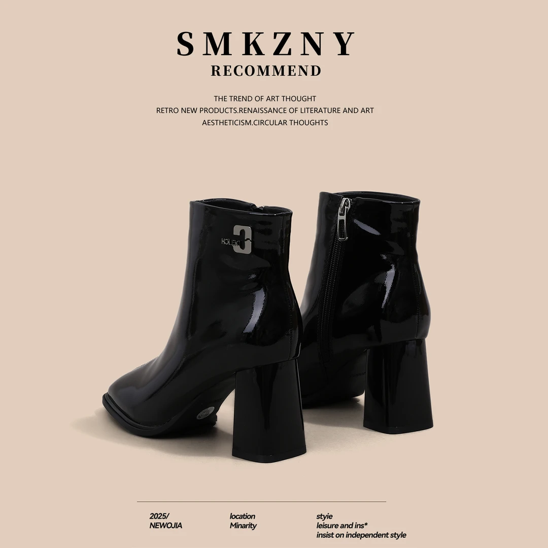 高跟短靴女款2025新款秋季女鞋法式瘦瘦靴黑色性感粗跟方头马丁靴