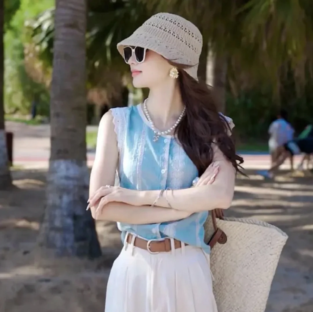 季念小香风蕾丝提花飞飞袖衬衫女2025夏款高级感背心法式无袖上衣