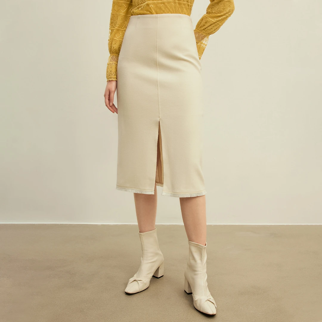 【诗语专属】简约纯色高腰半身裙气质中长款包臀开叉裙Y230229