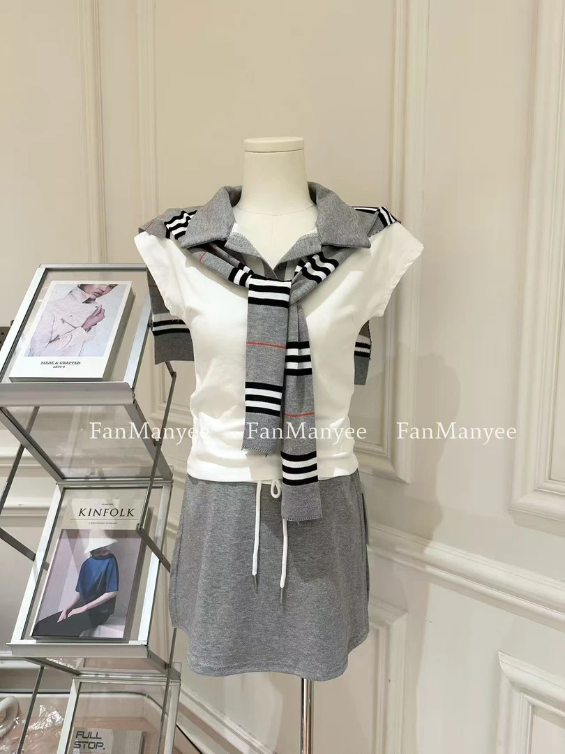 【松弛奏曲】夏季老钱风上衣+短裙+条纹披肩三件套显瘦休闲套装x