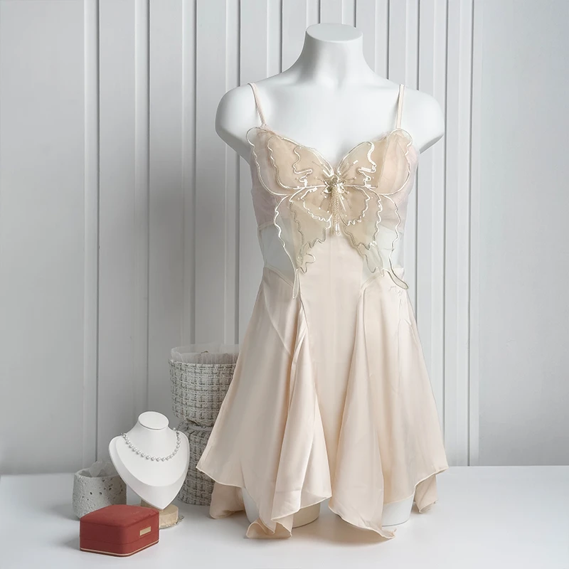 【杜想空间】性感一字肩睡裙成人甜美女花边夏季简约镂空法式白色