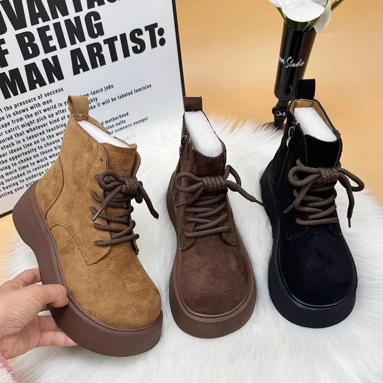 啄木鸟翻毛款马丁靴女2025秋季新款英伦风百搭爆款厚底显瘦短靴