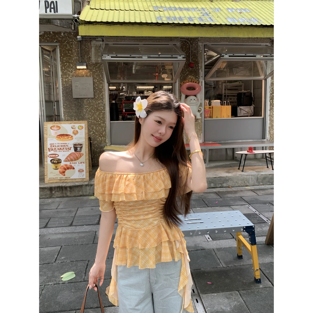 现货大码法式荷叶边衬衫女2025夏季减龄露肩宽松显瘦上衣-7263