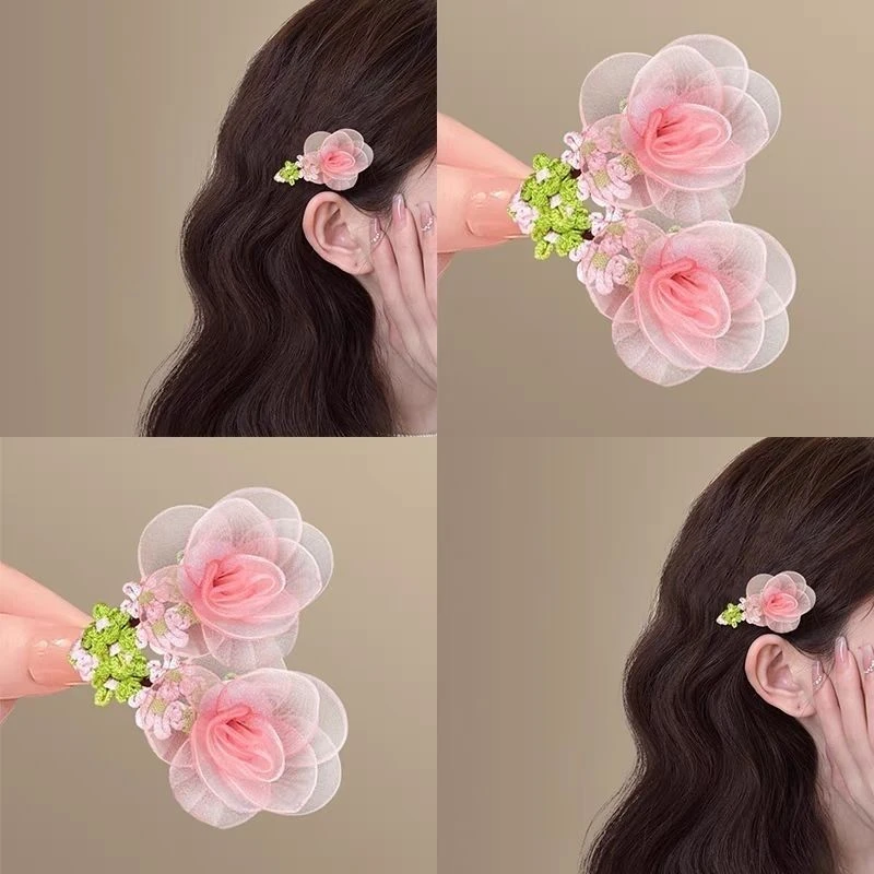 超仙网纱花朵发夹甜美粉色头花发卡田园风氛围感少女心侧边BB夹