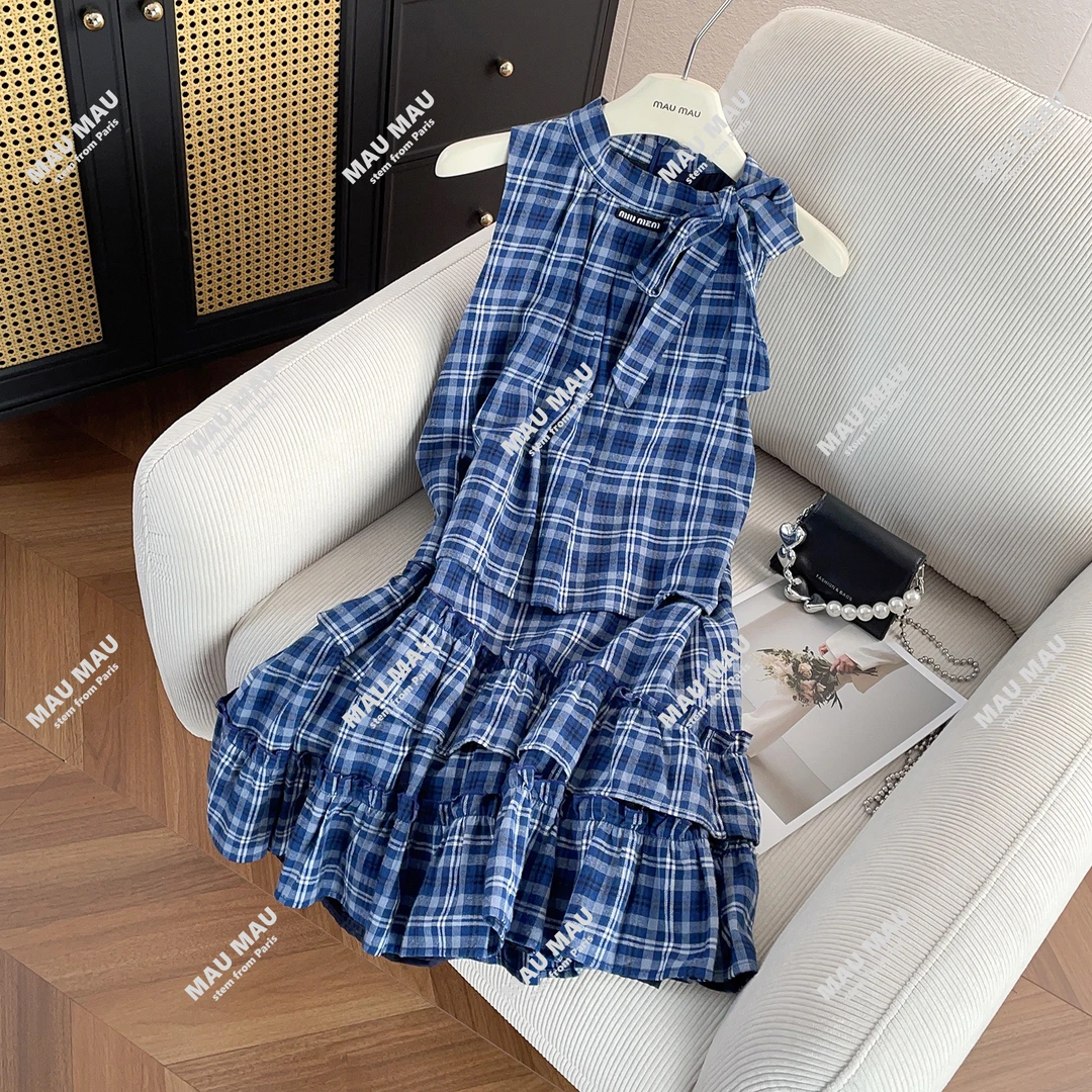 夏季蓝色时尚复古格纹宽松显瘦无袖荷叶边连衣裙女款DY6876