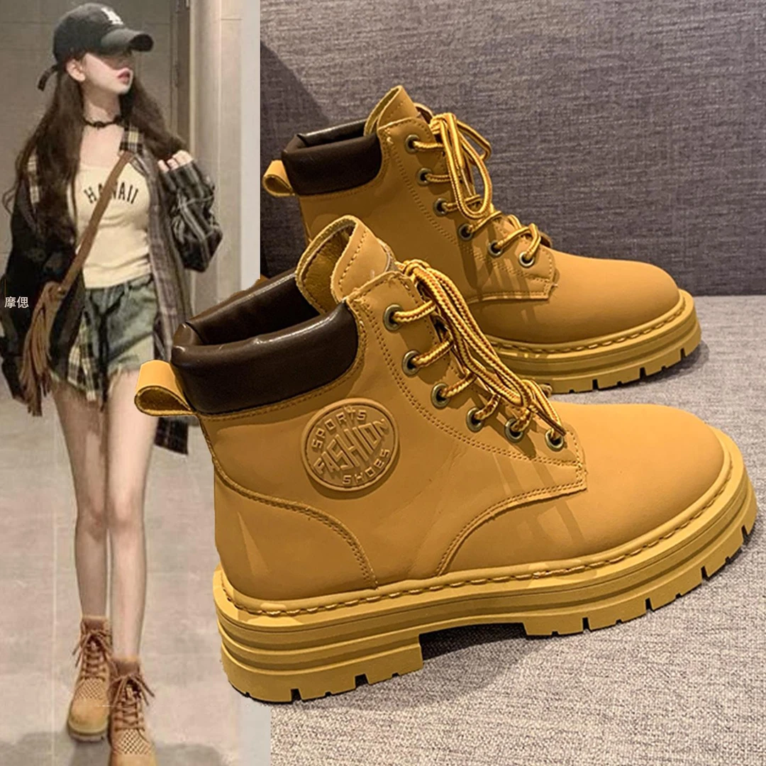 厚底大黄靴英伦风马丁靴女2025新款夏秋季登山短靴子高筒鞋机车靴