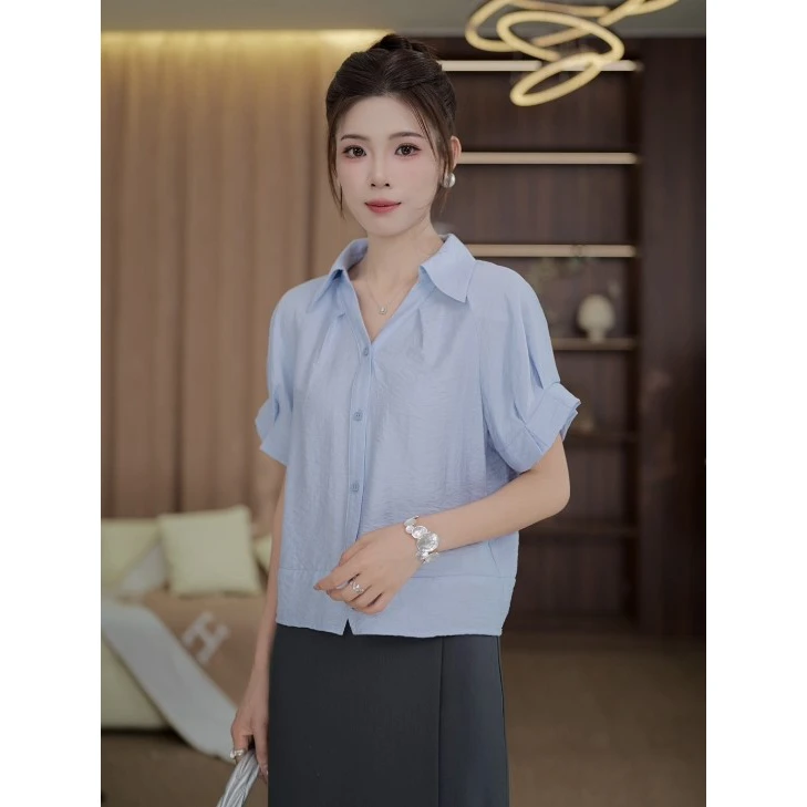 TITI定制【科莫晨曦】轻奢气质纯色短袖衬衫宽松显瘦上衣TL3903480