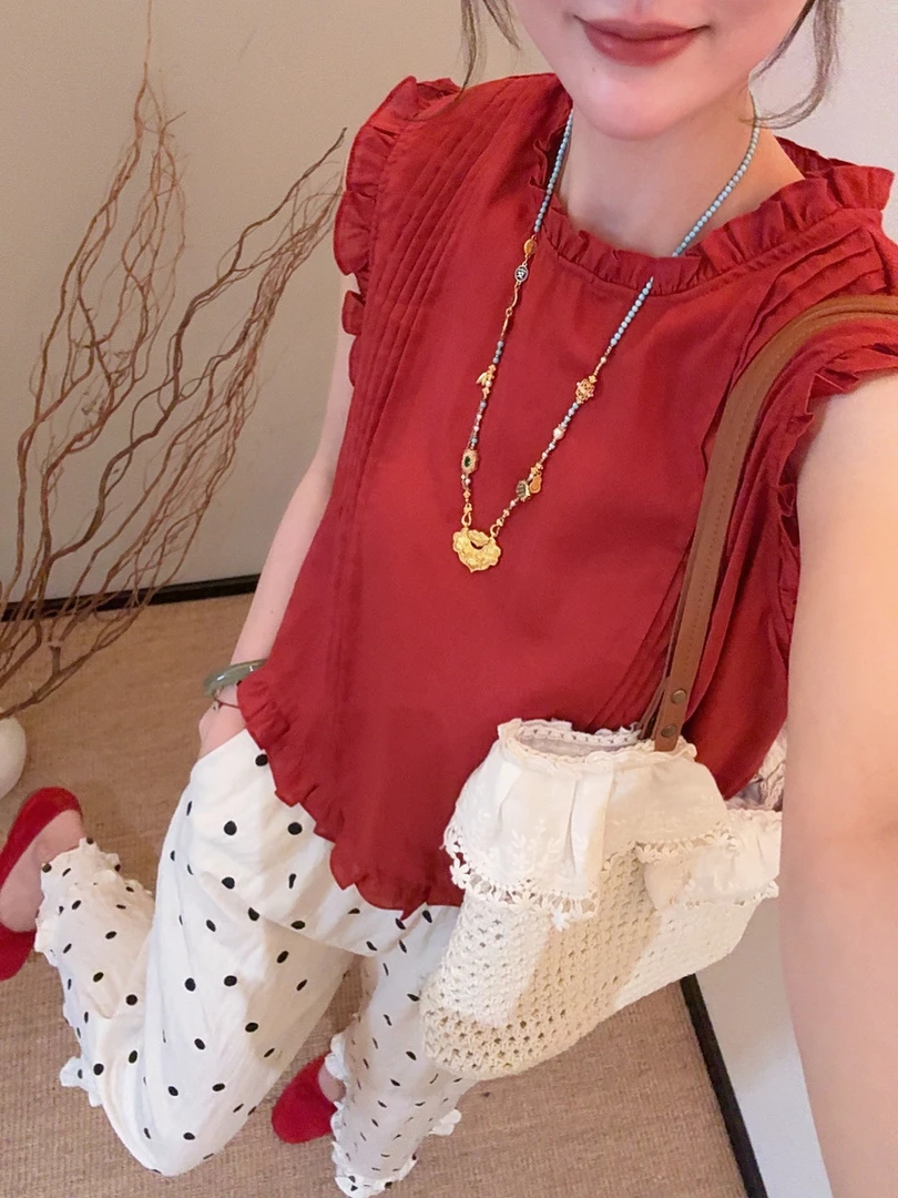 老赵服饰 韩系甜美简约百搭木耳边圆领无袖上衣21AU3819