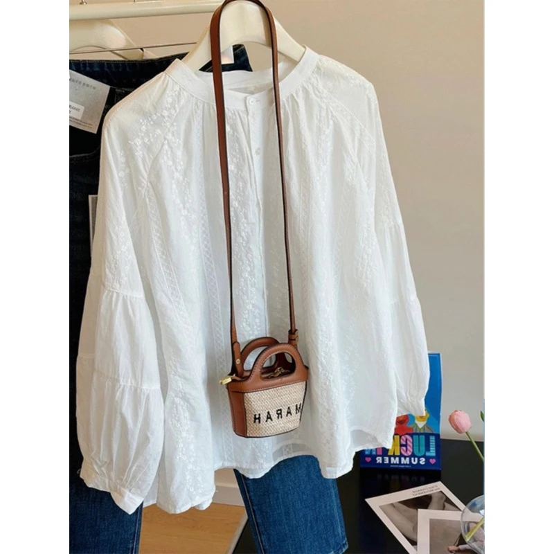 法式300斤特大码重工刺绣加内里上衣初秋男女泡泡袖洋气潮流衬衣