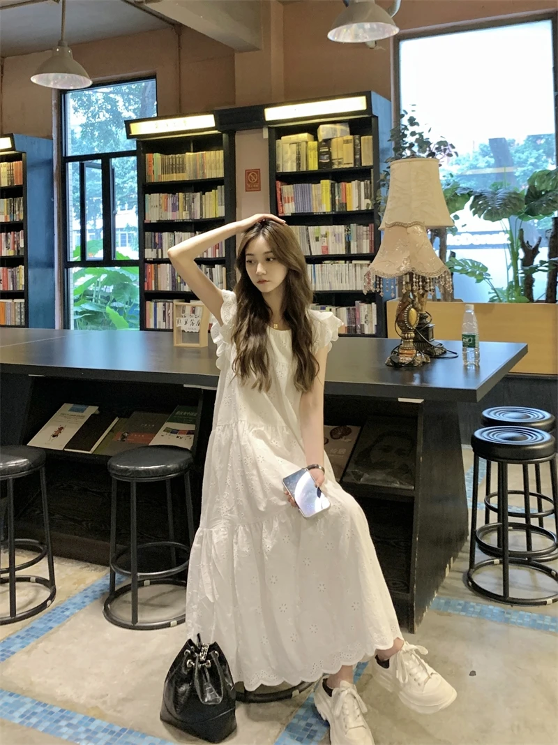 女大童小飞袖连衣裙夏季新款少女风学院风法式甜美时尚过膝长裙子