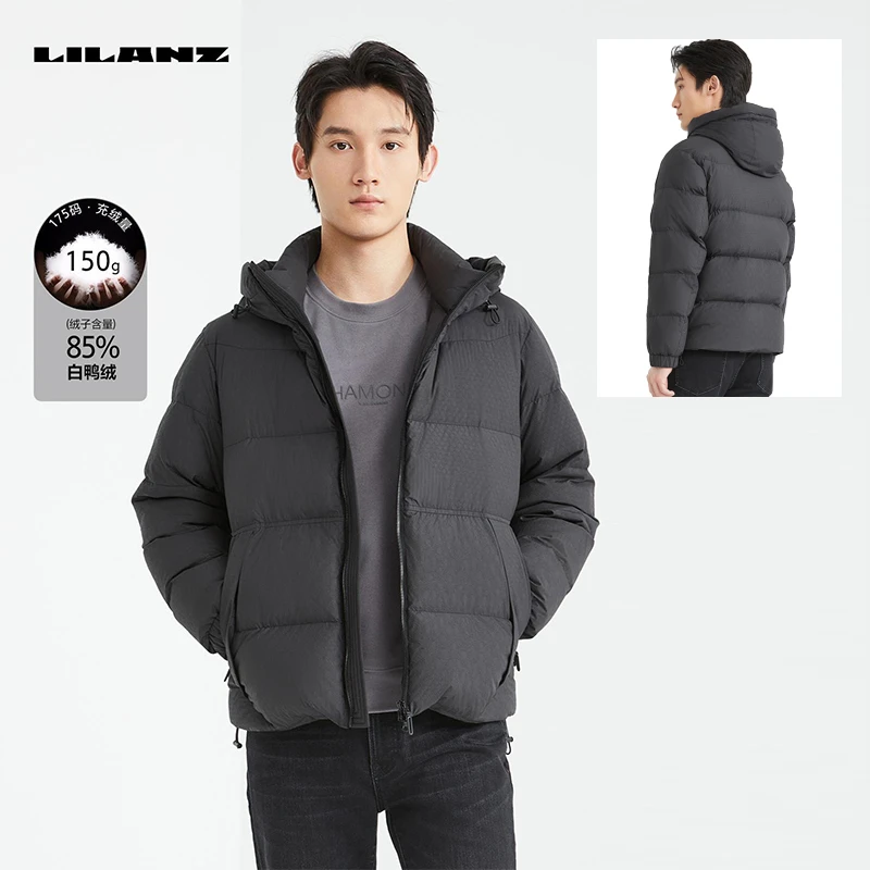 Lilanz/利郎男士羽绒短款茄克黑色冬季保暖连帽时尚休闲运动户外