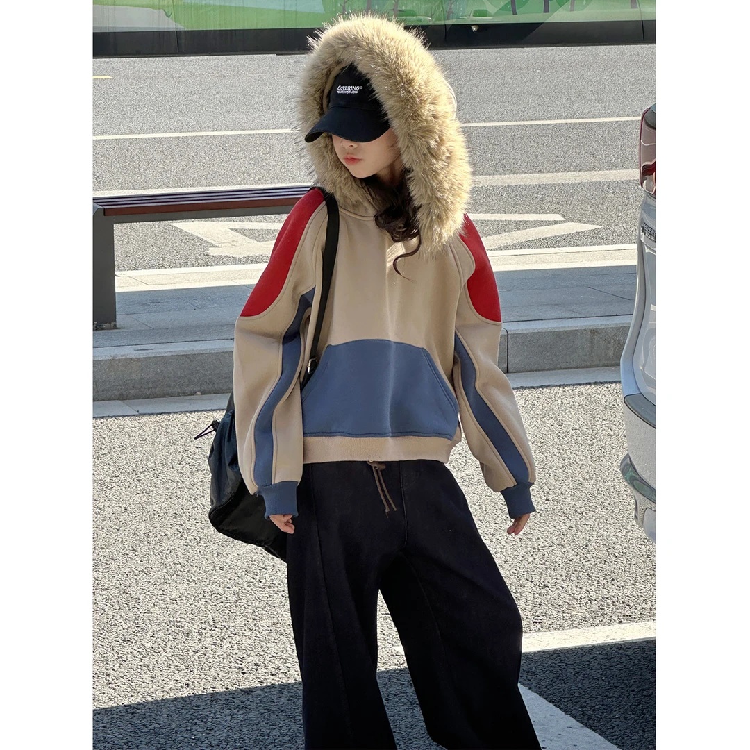 K30430孙小美甜酷撞色大毛领女童加绒卫衣秋冬衣服儿童加厚上衣