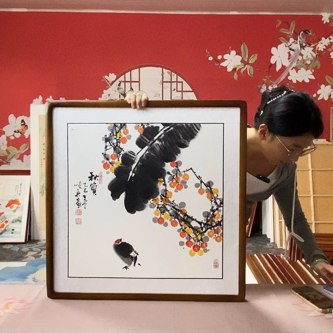 国画手写手绘带框包邮国画作品62✖️62