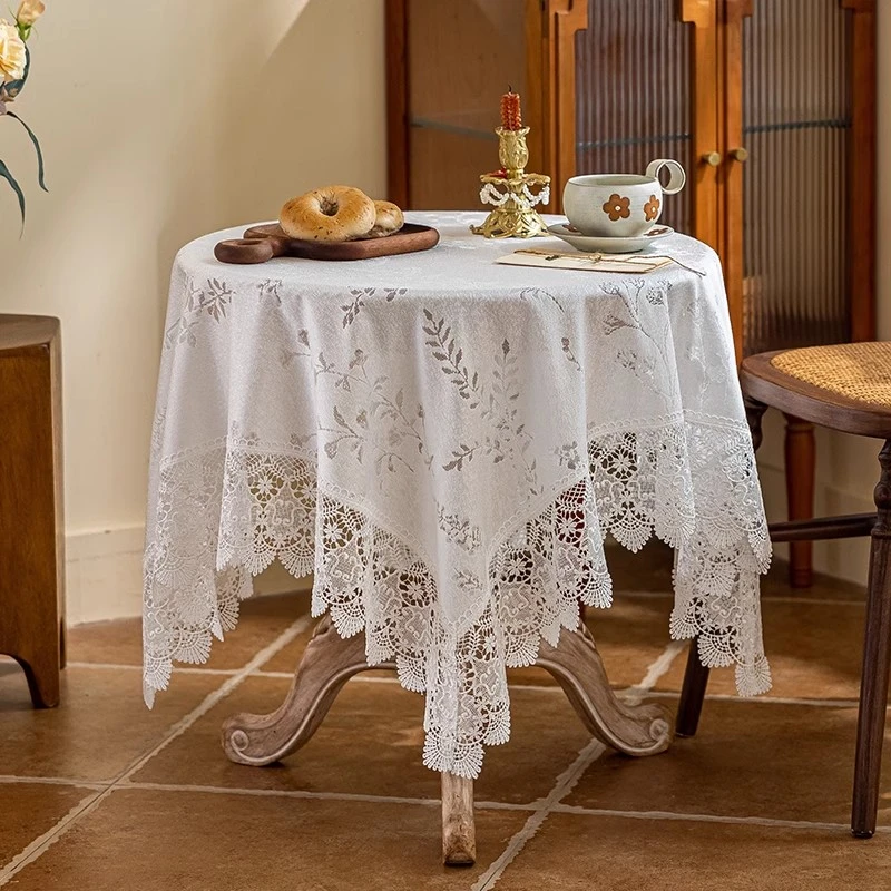 氛围感桌布白色2024新款仿麻布艺法式复古风蕾丝茶几餐桌圆桌桌布