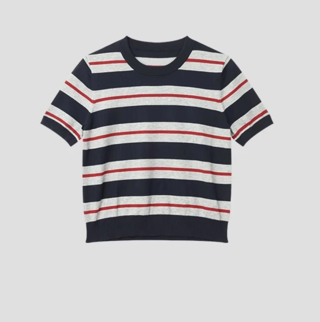 XiANJiE  高品质设计感拼色条纹圆领短袖毛织上衣