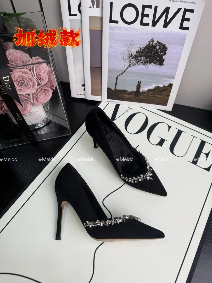 【羊皮】绒面水钻全包细跟尖头浅口高跟鞋性感气质百搭秋冬穿搭加绒