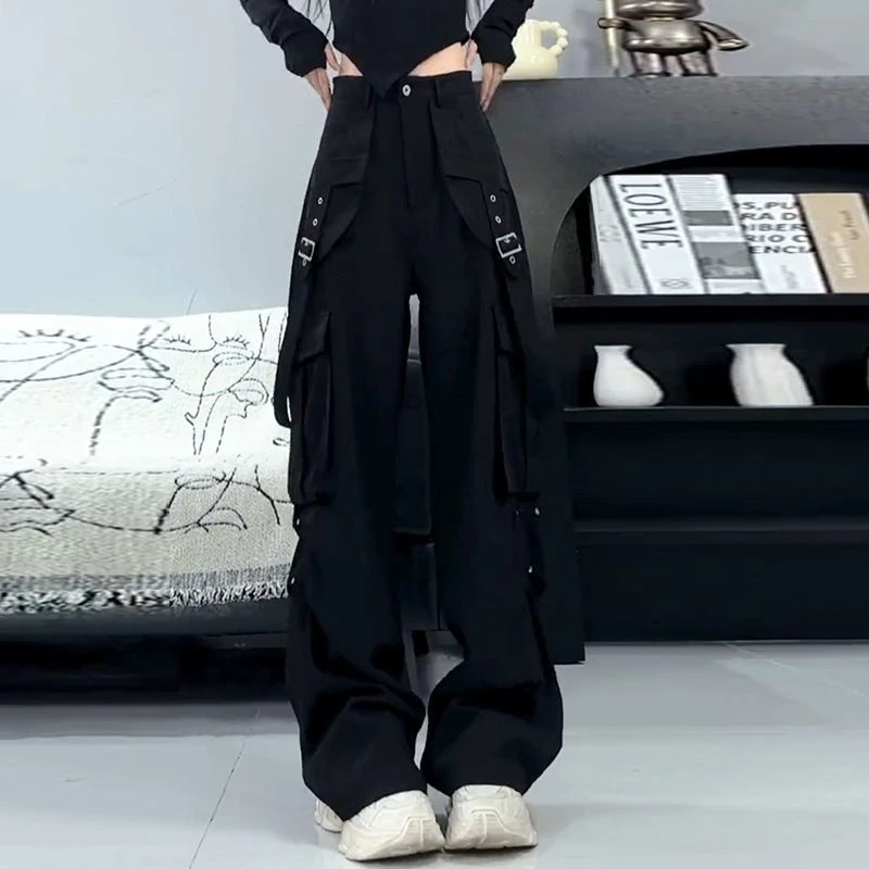 美式高街黑色直筒工装裤女2025夏季新款宽松高腰百搭阔腿长裤子潮