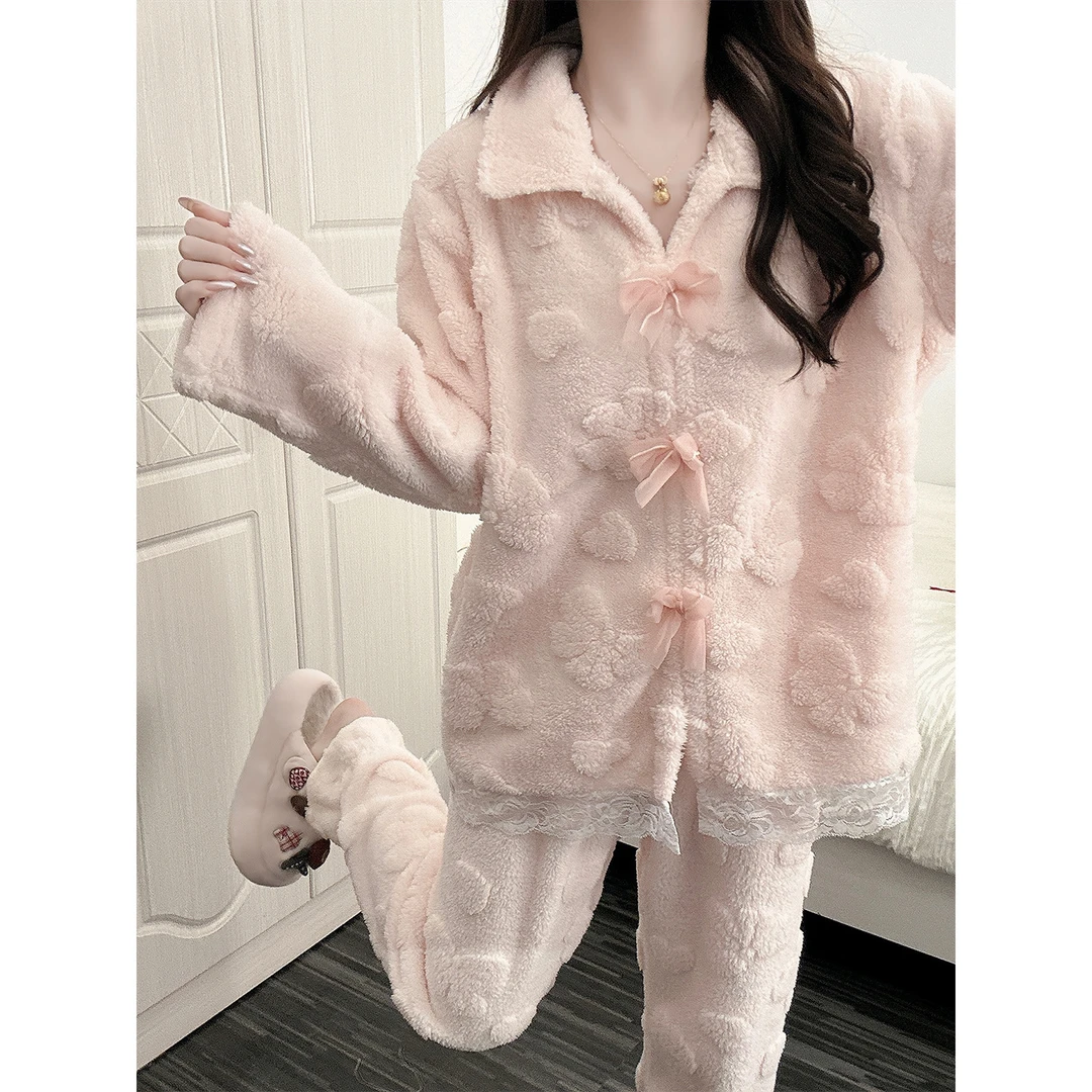 【加厚加绒】蝴蝶结睡衣女秋冬季温柔风珊瑚绒新款法兰绒家居服套装