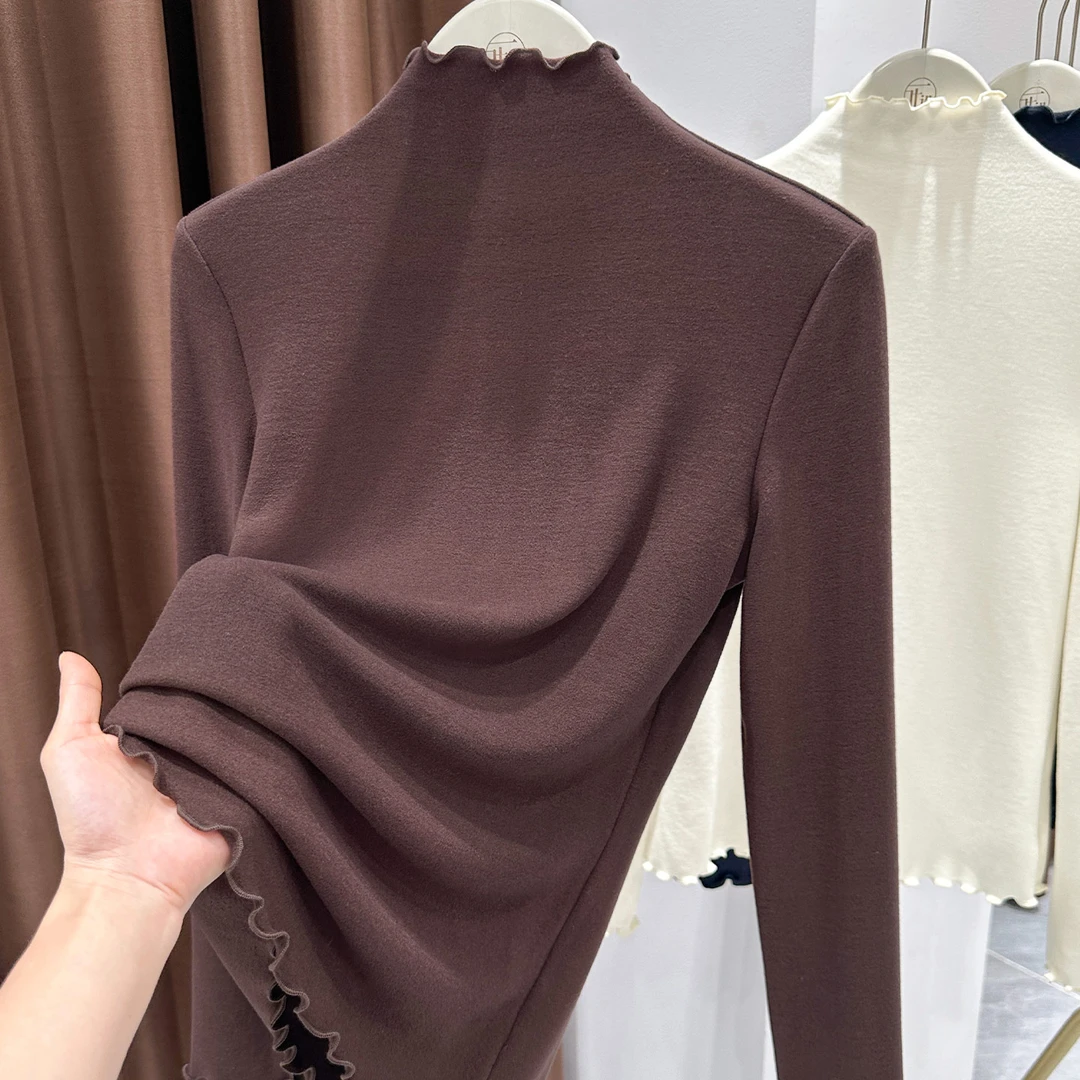 秋冬季爆款咖啡色内搭暖棉保暖上衣女洋气木耳边半高领T恤打底衫