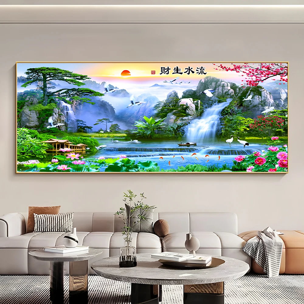 流水生财中式客厅装饰画山水风景沙发背景挂画大气办公室画晶瓷画