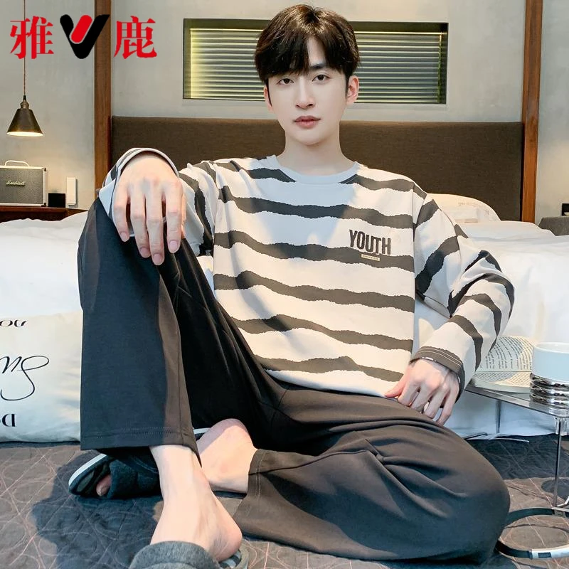 雅鹿男士睡衣宽松春秋季2025款纯棉长袖长裤休闲宽松可外穿家居服