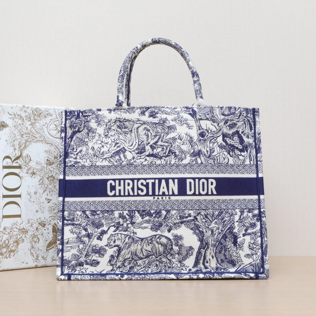 95新 DIOR/迪奥 【娇】Tote 大号 42 蓝色 帆布 2020 动物园00349
