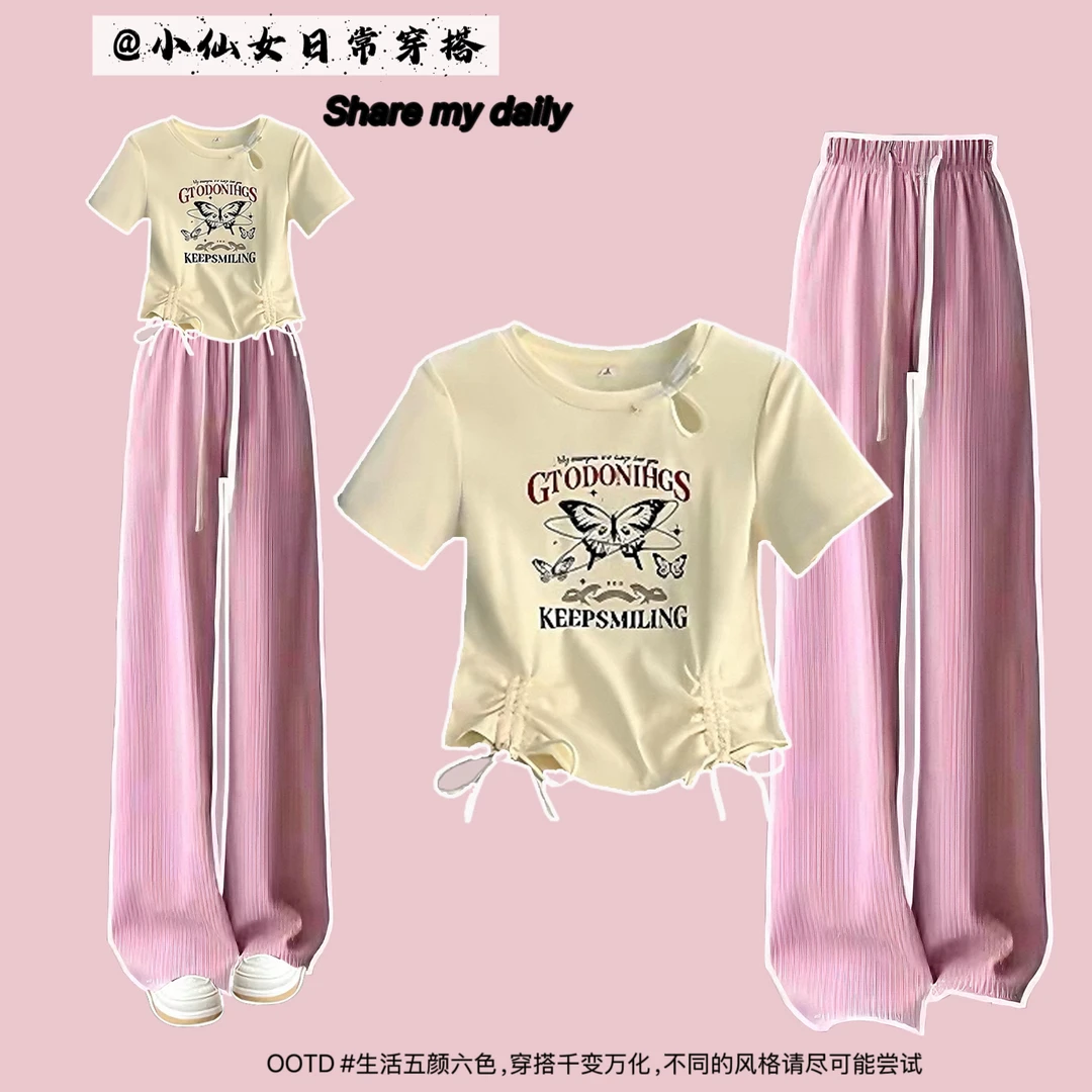 夏季女童套装新款初中生短袖阔腿裤中大童运动两件套时尚12-16岁