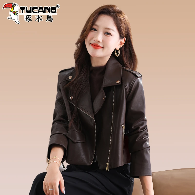啄木鸟pu皮衣外套女2025新款爆款时尚翻领小个子妈妈短款夹克上衣