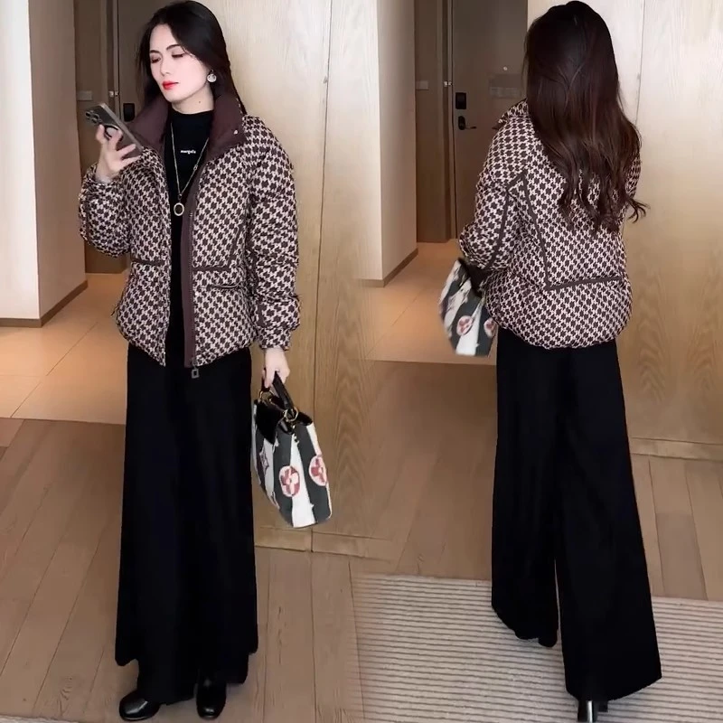 时尚保暖棉衣女2025冬季新款洋气显瘦小个子千鸟格百搭棉服外套