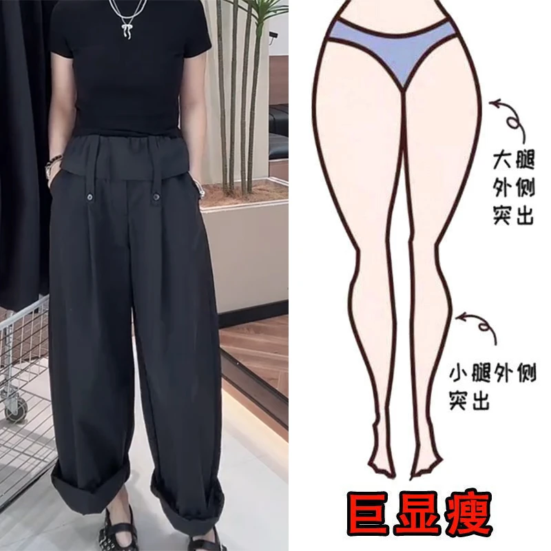 夏季新款大码女装设计感花边裤子简约时尚韩式高腰宽松阔腿休闲裤