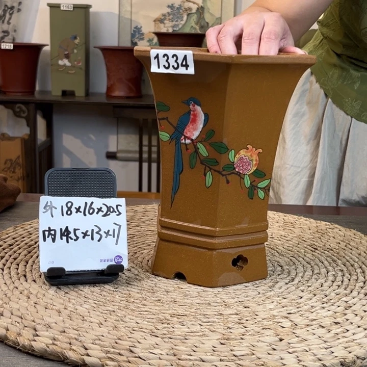 花盆紫砂  新品超精品降坡彩绘石榴开口笑六方1334