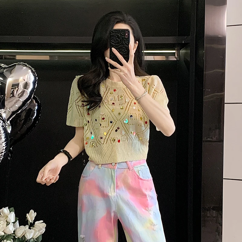 夏季新款重工亮片小香风短袖针织衫女甜美设计感镂空圆领短款上衣