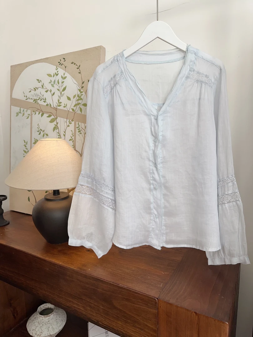 可衣-【诗】森系V领花边苎麻衬衫女长袖甜美防晒外披