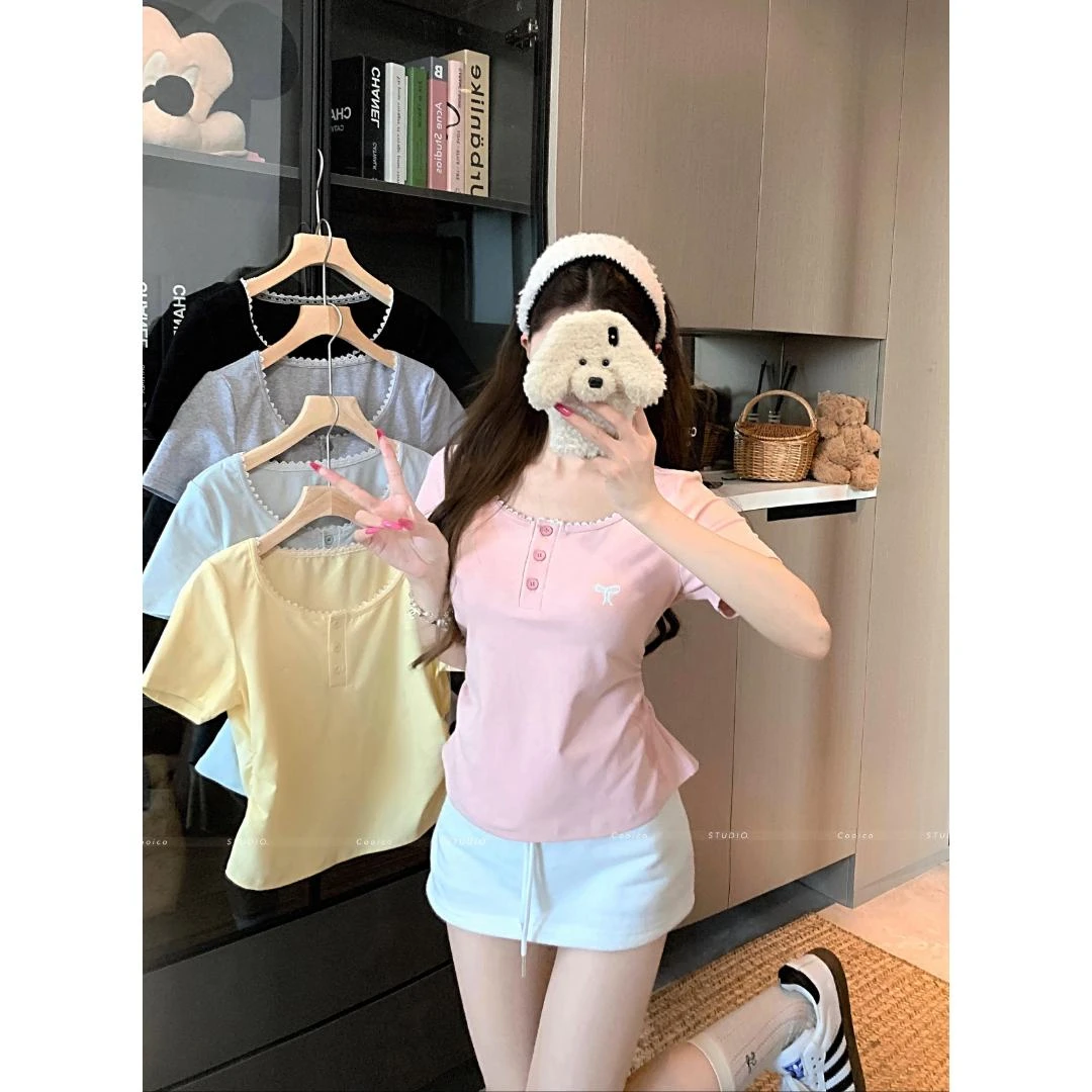 【6653】蕾丝花边短袖T恤女2025夏季新款褶皱收腰显瘦正肩体恤T恤