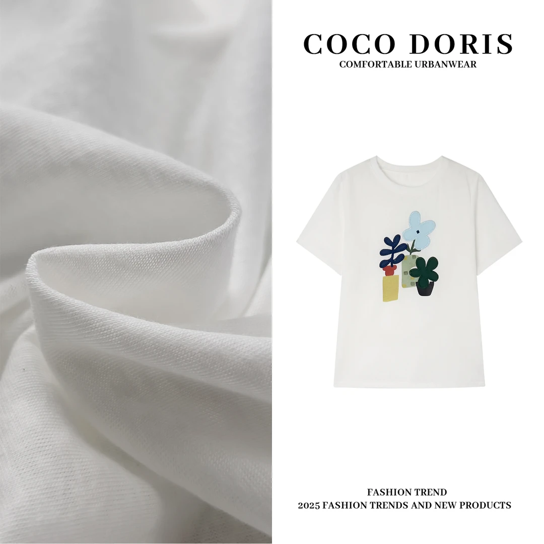 COCO DORIS 2025春夏新款花朵刺绣圆领T恤通勤休闲百搭上衣V731
