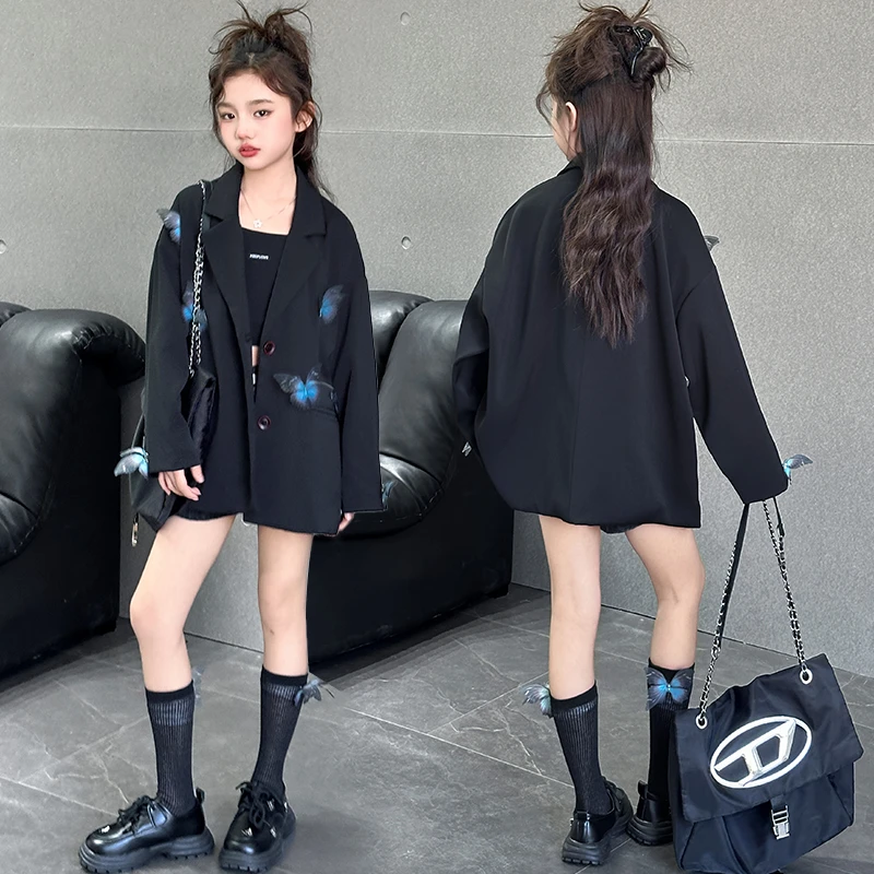 女童黑色超洋气立体蝴蝶西装外套2025春季新款韩版高级感宽松西服