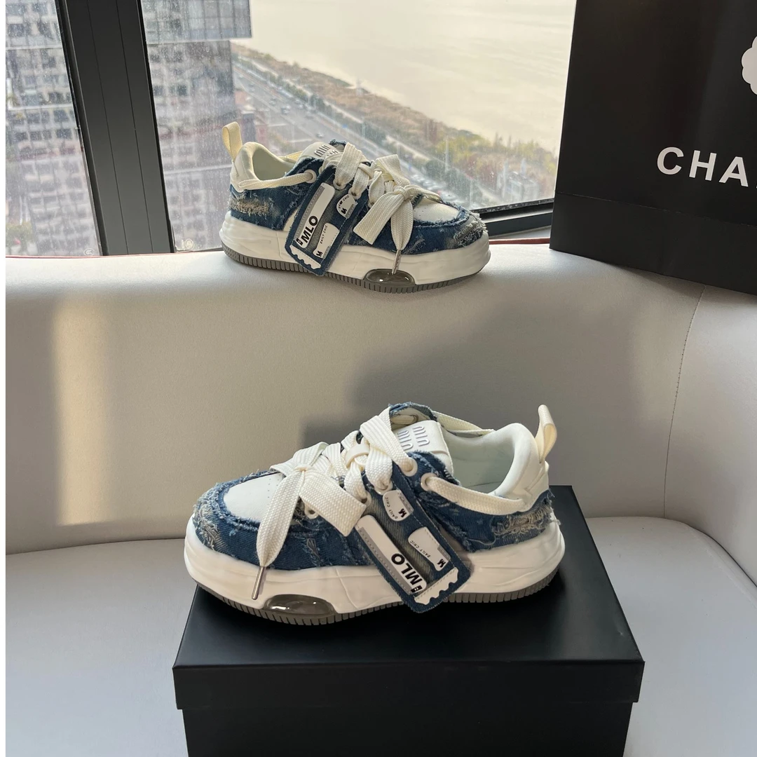 2025年欧版时尚拼色牛仔色厚底溶解鞋潮款系鞋带运动板鞋百搭潮鞋