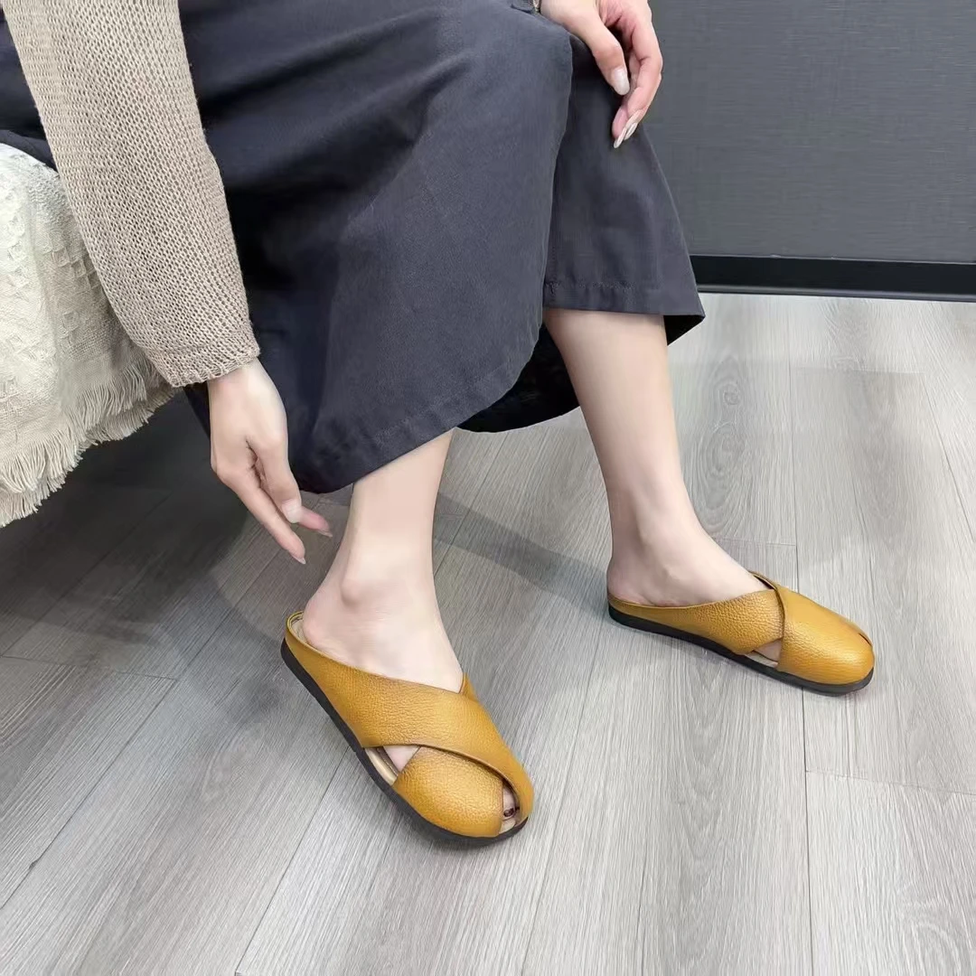 一字型平底通用百搭全牛皮包头拖夏季凉鞋休闲春夏透气凉拖半拖