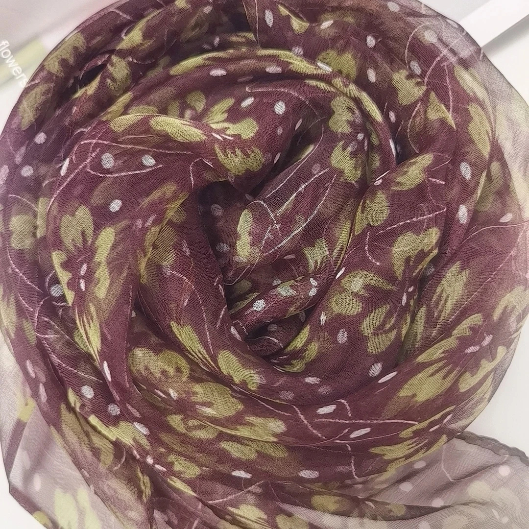 杭州丝巾爆款【咖绿四叶草】轻薄透气轻巧保暖型桑蚕丝护颈纱巾围巾